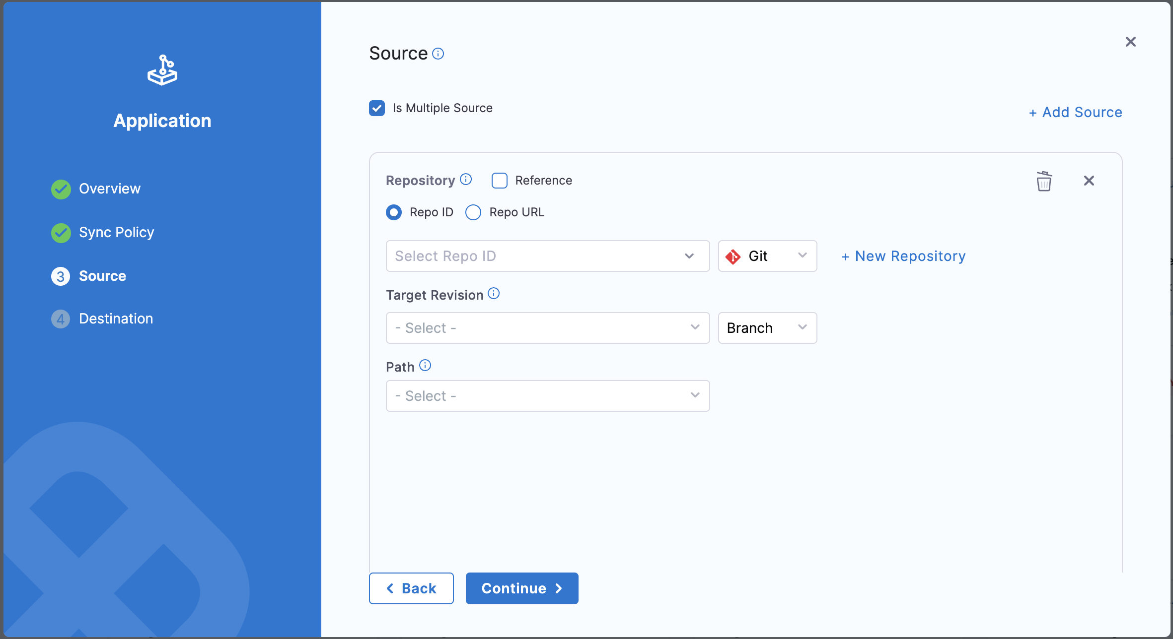 Screenshot showing the GitOps Application multiple sources configuration interface with options to add additional sources