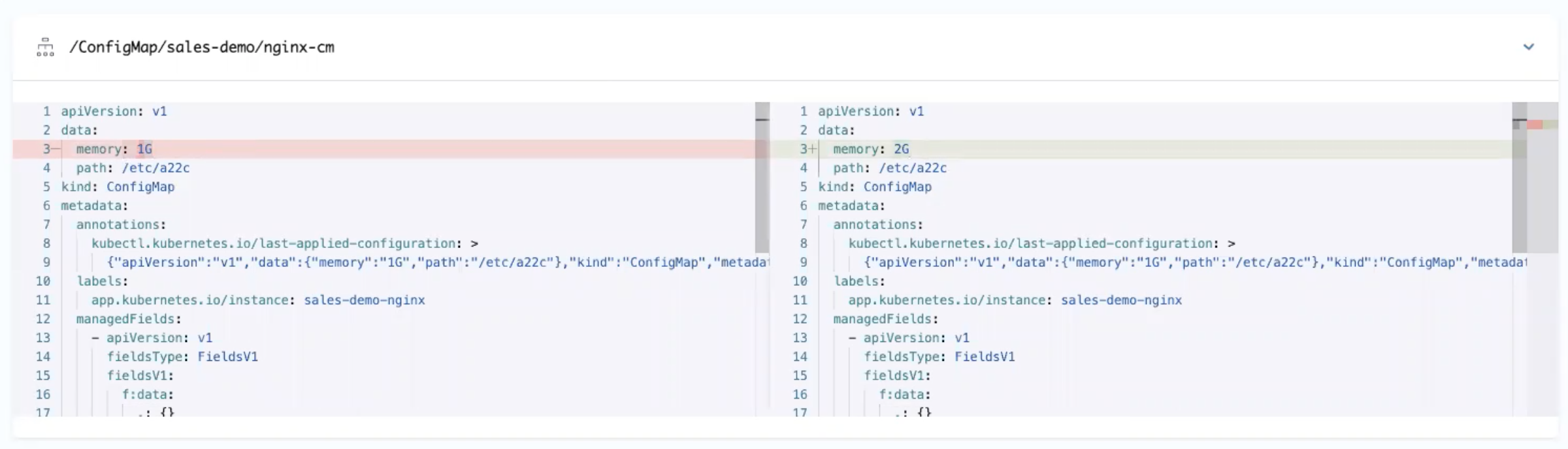 Screenshot showing the App Diff view comparing the desired state in Git with the live state in the cluster